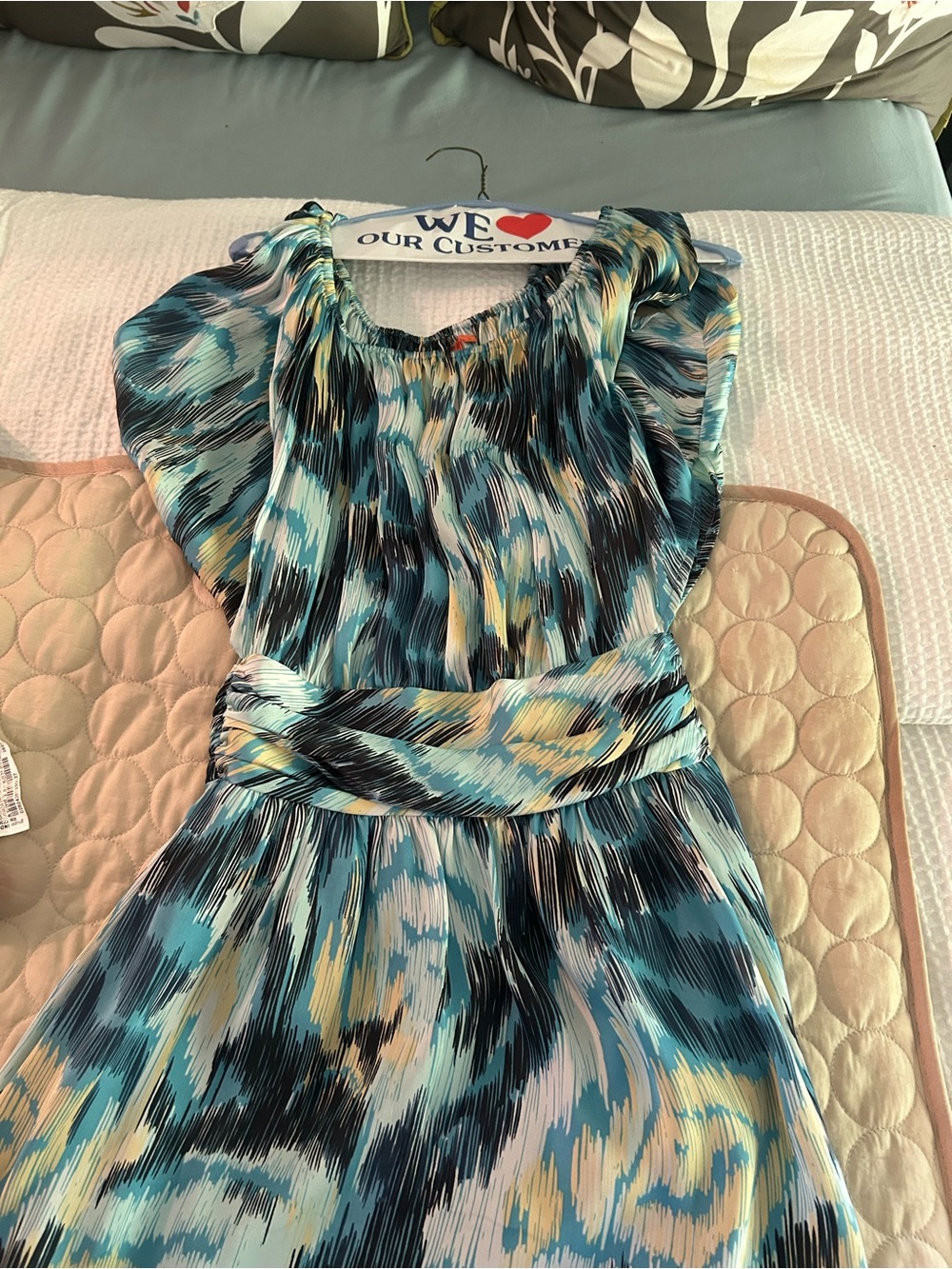 Abstract Grecian Blue Multi-Color Pleated Waist Dress